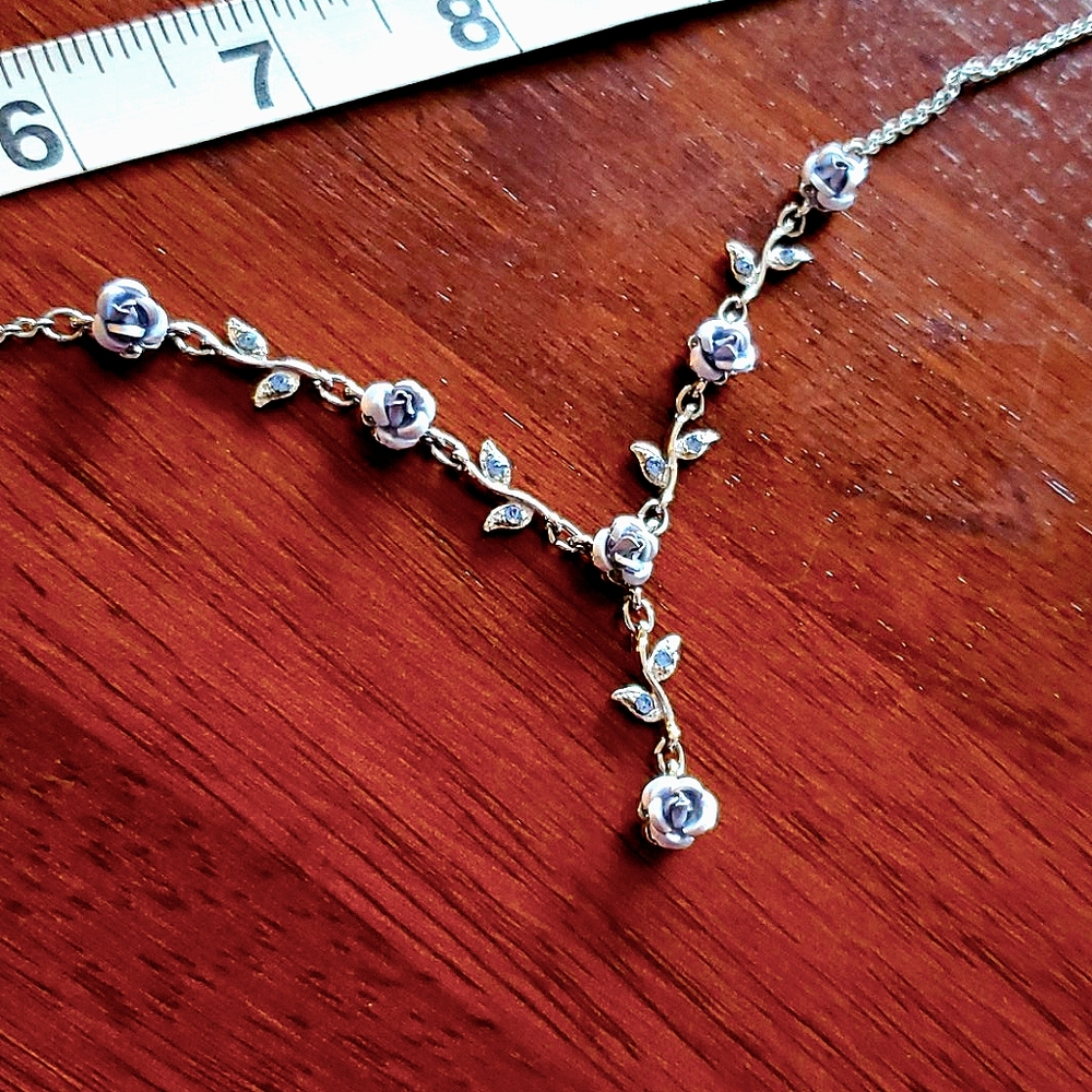 Silver and Blue Rose Necklace 18"